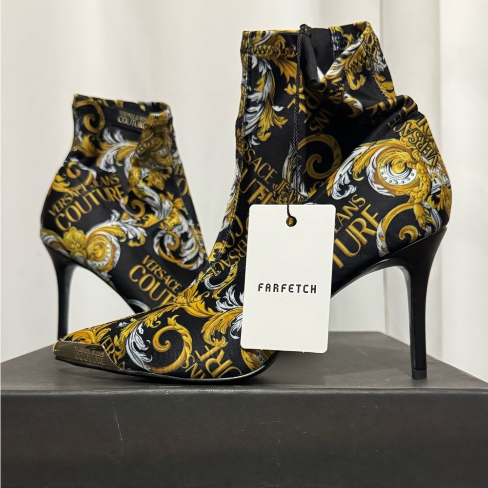 Versace Black and Gold Baroque Heeled Boots